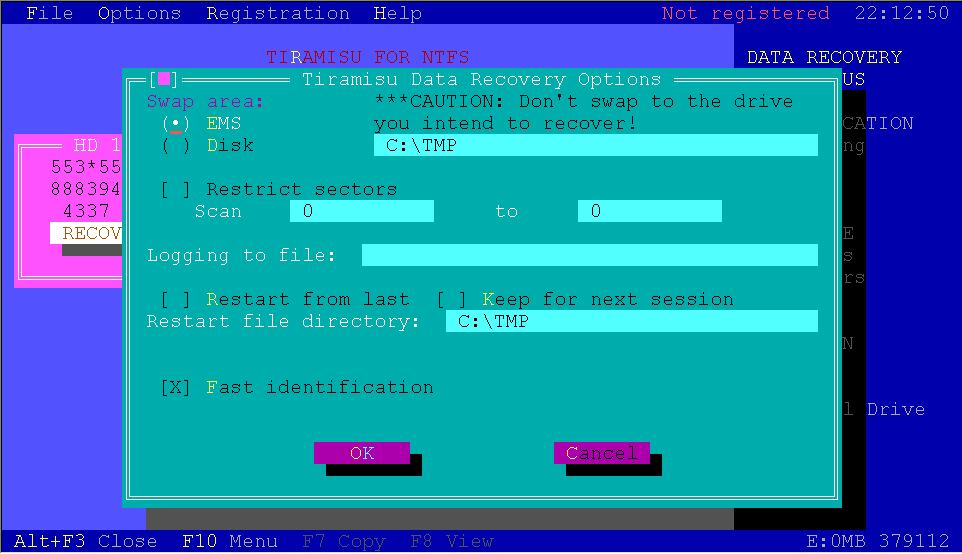 Options Dialog Screen for Tiramisu for NTFS(Windows NT)